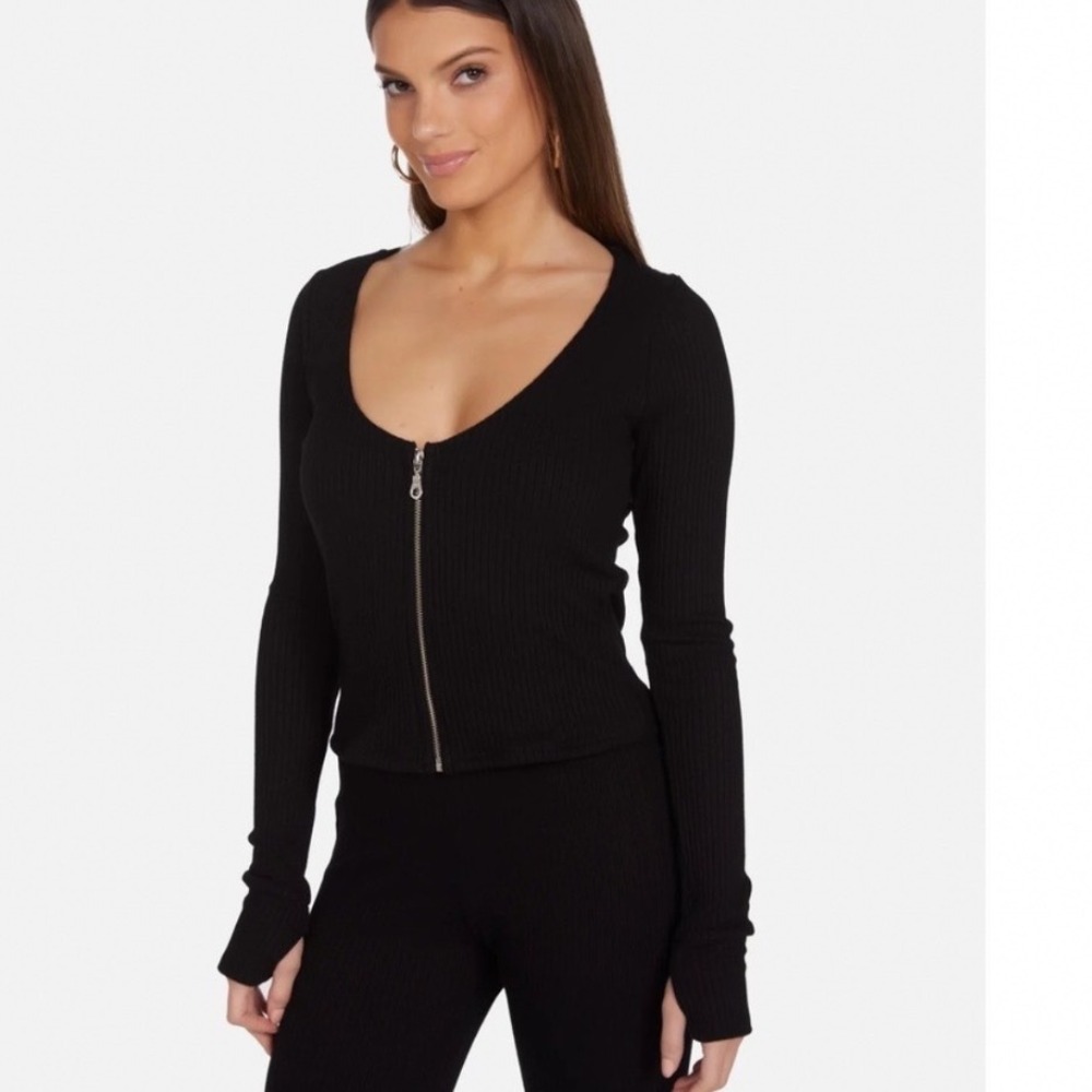 Michael Lauren Castillo Black Ribbed Zip Front Long Sleeve Top ML-9187-HRI XS